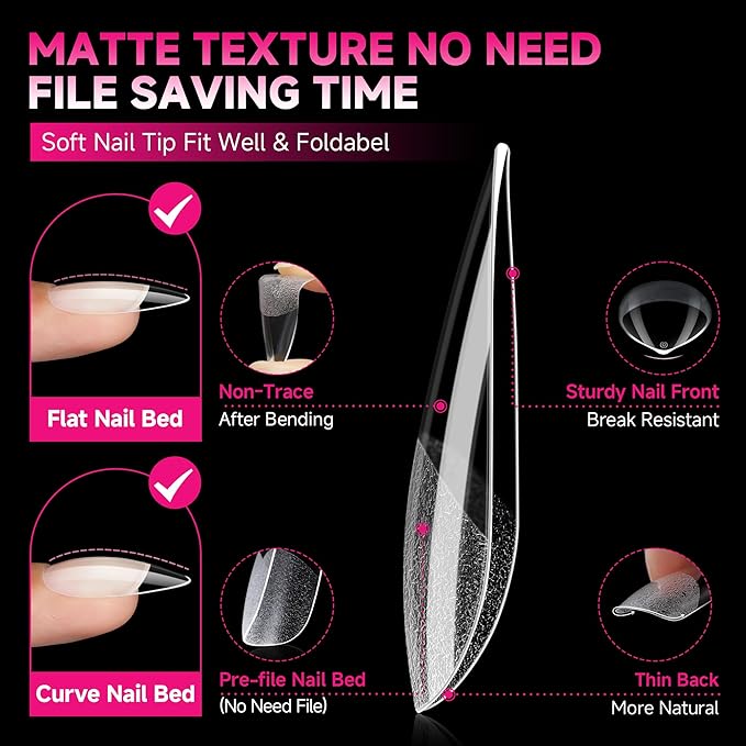 UNA GELLA Long Stiletto Nail Tips 504PCS, Full Cover Pre-Etched Long Stiletto Almond Clear Fake Nails Tips, Sturdy Acrylic Press on Nails, No C Curve Soft Gel Tip for DIY Nail Extension kit 12 Sizes