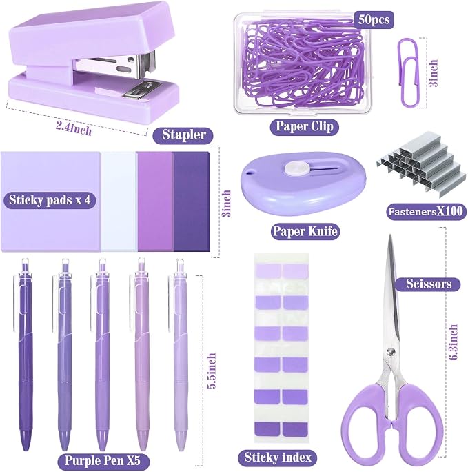 Mini Purple Office Supplies Kit Purple School Supplies Christmas Gift Desk Accessories with Gel Pens Sticky Notes Stapler Scissor Paper Clips Index Tabs Box Cutter for Christmas Gifts Office