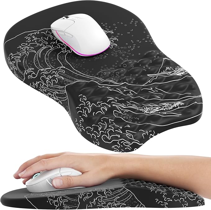 MROCO Ergonomic Mouse Pad with Wrist Support, 11.8 x 7.8 in, Black Kanagawa | Memory Foam Wrist Rest Mouse Pad, Non-Slip Base, Smooth Lycra Surface for Office & Home, Comfortable Wrist Support