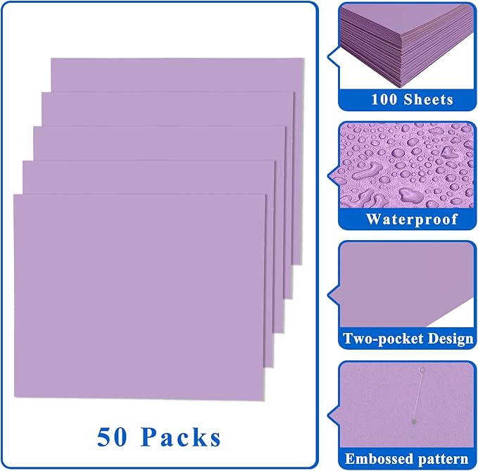 Zzrywuty Purple File Folders with Pockets Letter Size,50-Pack Paper Folders with Card Slot,Two Pocket Folders for School Students,Businessmen,Home and Office Workers