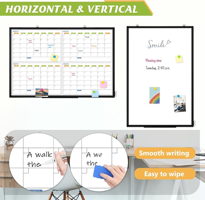White Board Calendar 36 x 24, 4 Month Wall Whiteboard Dry Erase | Magnetic Whiteboard Calendar Planner, Black Aluminum Frame Dry Erase Board for Office Home and School