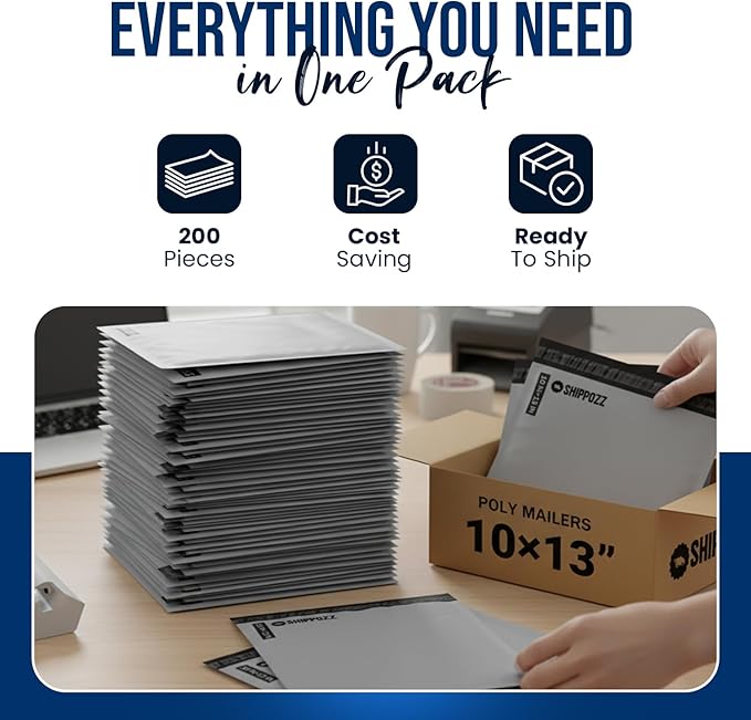 Shippozz 10x13 Poly Mailers 200 Pack, Durable Waterproof Polymailers for Shipping Clothes, Self Seal Mailing Bags for Small Business Packaging Supplies, Mailing Envelopes for Books, and Accessories