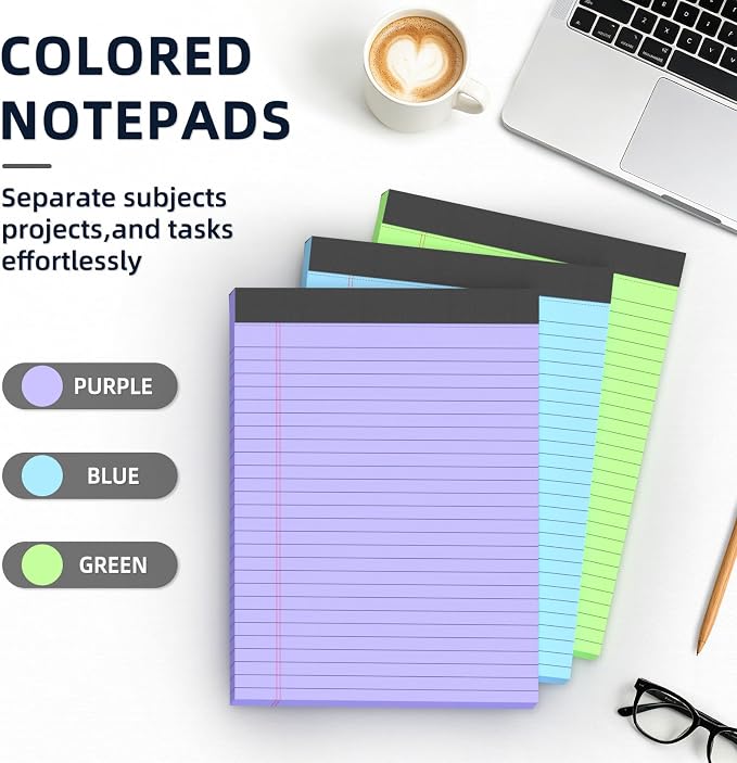 Colored Legal Pads 8.5 x 11, 3 Pack Notepads 8.5 x 11 Wide Ruled Note Pads | Micro Perforated Writing Pads 8.5 * 11 with Sturdy White Back, 30 Sheet/Notepad, Lined Paper for Home School Office Supplies