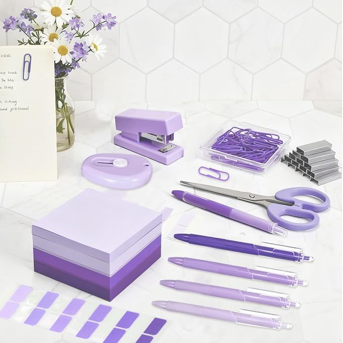 Mini Purple Office Supplies Kit Purple School Supplies Christmas Gift Desk Accessories with Gel Pens Sticky Notes Stapler Scissor Paper Clips Index Tabs Box Cutter for Christmas Gifts Office