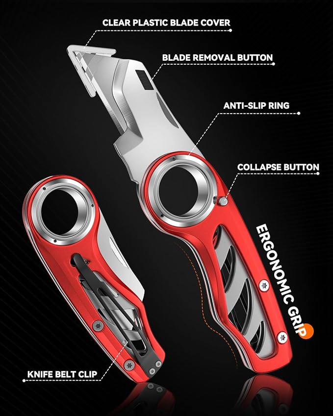 Folding Utility Knife Pocket Knife, Heavy-Duty Box Cutter with Anti Slip Finger Loop, Quick Change Blade Razor Knife, Box Cutters for Home, Office, Warehouse, Durable Razor Knife, Box Knife (Red)