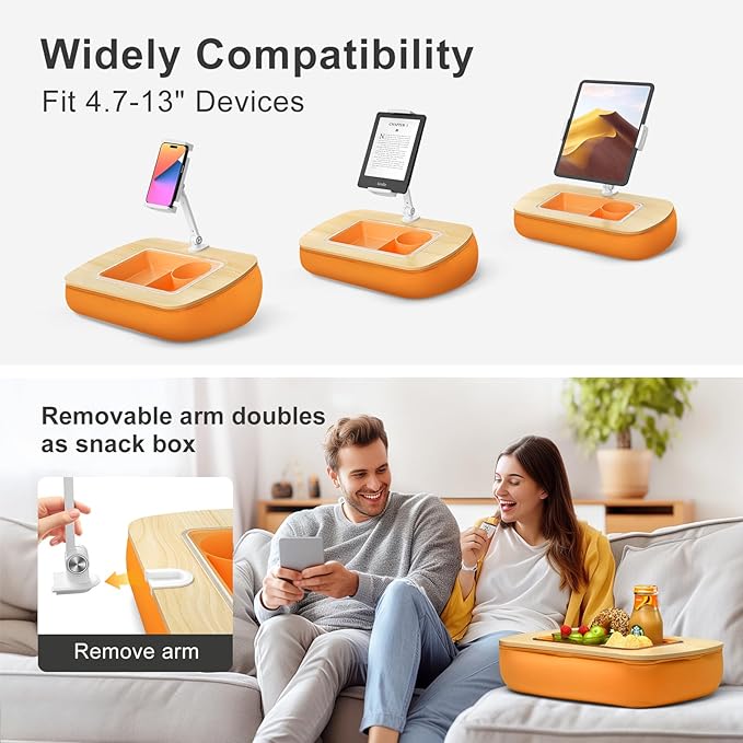 Tablet Pillow Stand for Lap Use with Snack Bowl and 360° Rotating Arm, Adjustable iPad Holder for Bed, Couch, and Recliner, Compatible with 4.7"-13" Kindle, iPad, Tablet, Phone,Orange
