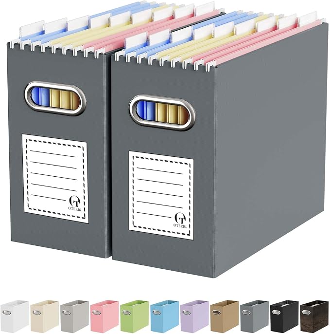 Portable Collapsible Cardboard File Box with Handle for Letter-Size | 2-Pack. Stainless Steel Handle. Label Stickers Included. Fits Letter Folders (Not Included). Home, Office, School, Dorm, Tax.