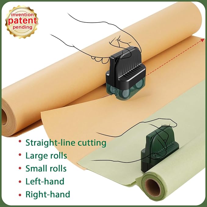 LIZAAL 2-Pack Wrapping Paper Cutter with Wheels, Precise Straight Cuts | Gift Wrap Cutter Slider for Christmas, Birthdays & Holidays Fits Various Rolls and Papers, Includes 2 Blades (Black & Green)