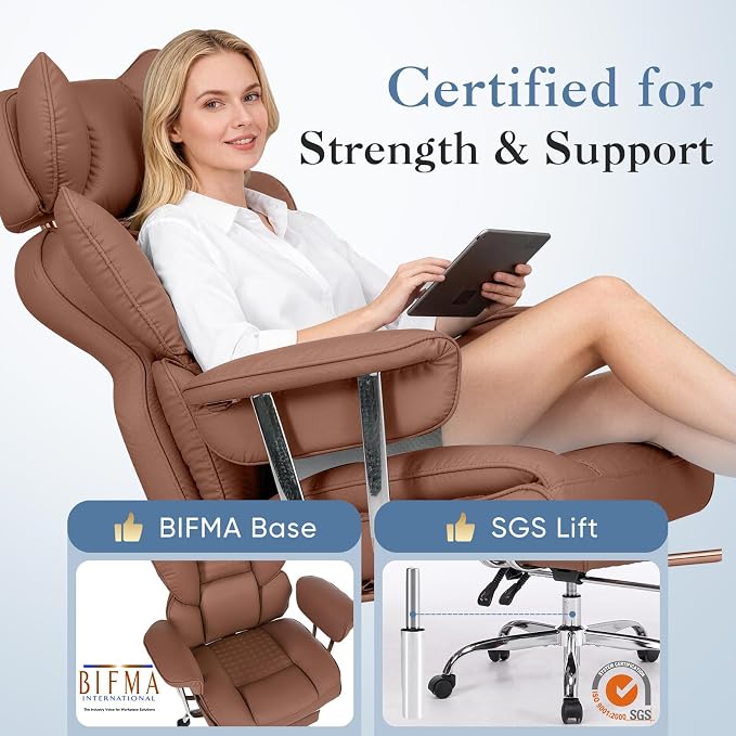 DUMOS Big and Tall Home Office Desk Chair, Executive Chair with Footrest | Scratch-Resistant PU Leather, Ergonomic Reclining, Pocket Spring Support, 400 LBS Weight Capacity, Brown