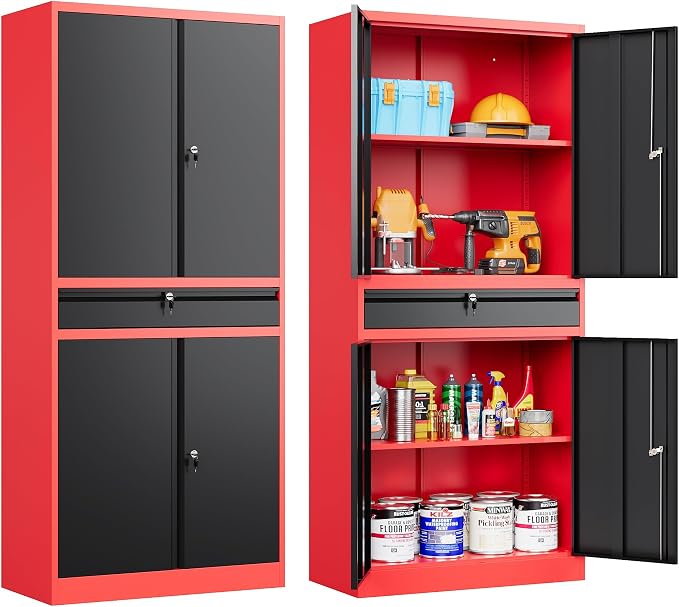 Metal Storage Cabinet with Drawer and Lock,Garage Storage Cabinet with Locking Doors and Shelves,71" Black Red Metal Cabinets,Lockable Steel Tool Cabinets for Garage,Home,Office,Shop