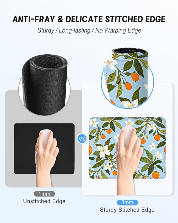 Mouse Pad, Cute Mouse Mat, 10" x 8", Light Blue Flower | Square Waterproof Gaming Computer Mat, Textured Top, Stitched Edges, Non-Slip Rubber Base for Office Home Laptop Keyboard