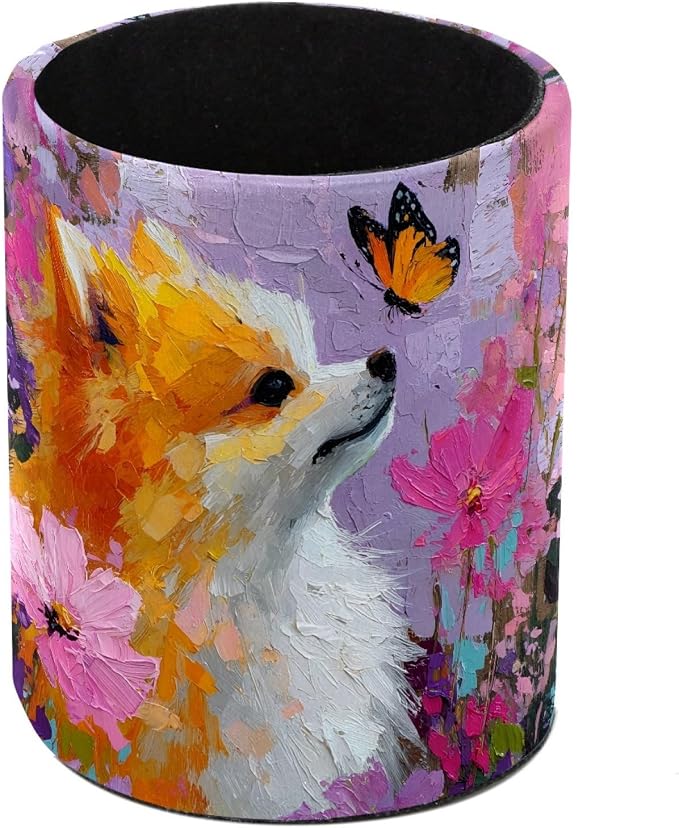 Leather Pen Holder for Desk, Dog Oil Painting Pencil Cup Pen Organizer Makeup Brush Holder for Office Home Kids Countertop Desk Accessory Storage