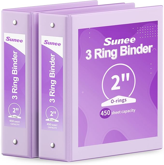 SUNEE 3 Ring Binder 2 Inch 2 Pack, Clear View Binder Three Ring PVC-Free (Fit 8.5x11 Inches) for School or Office Supplies, Purple