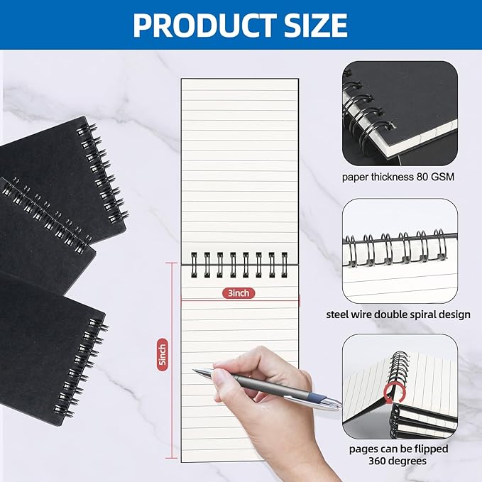 24 Pack Pocket Notebooks, 3x5 inch Small Notepads, Mini Spiral Notebook, Little Pocket Size, Lined College Ruled Paper, Memo Note Pads for Home, Office, School, Travel (Black)