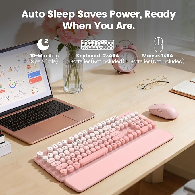 Wireless Keyboard and Mouse Combo, Magnetic Soft-Touch Wrist Rest, Pink | Round Keycaps, Full-Size Typewriter Style, 2.4GHz Cordless for MacOS, Windows PC, Laptop, Blush Pink Ombre, SABLUTE CK23 Plus