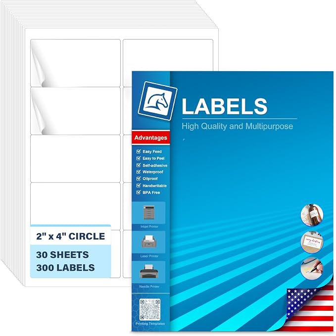 2" x 4" Label Stickers, Printable Shipping Labels for Laser & Inkjet Printers, Adhesive Address Labels, Barcode, Mailing, Product, Packaging & FBA Labels, 300 Customizable Stickers (30 Sheets)