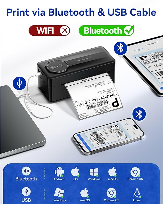 TATTMUSE Bluetooth Thermal Shipping Label Printer, A646 Wireless 4x6 Label Printer for Small Business and Shipping Packages, Compatible with iPhone Android Windows Mac, Amazon, USPS, UPS, Black