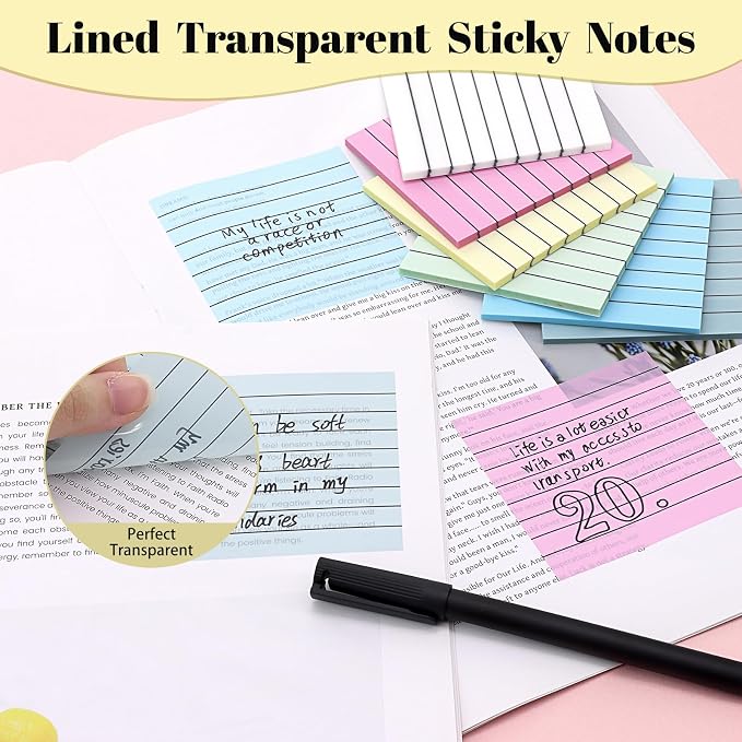 Transparent Sticky Notes Lined 300 Sheets 3"X3" Lavender PET Material | Clear Translucent Self-Adhesive Sticky Notes for Back to School & Office Supplies, See Through Reveals Underlying Bible Text