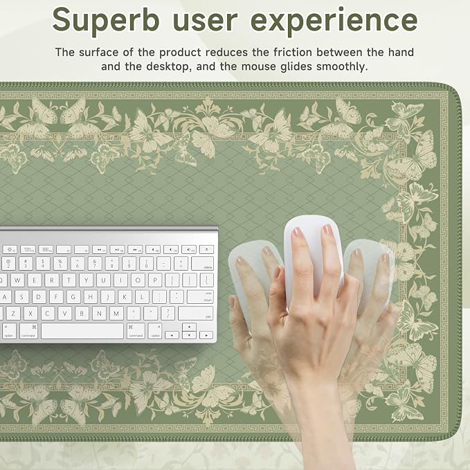 iCasso Floral Desk Mat for Keyboard and Mouse,Cute Mouse Pad,Light Green | Anti-Slip Desk Matt for Desktop,Soft Lycra Surface Computer Mat Women,Girly Big Mousepad for Home Office