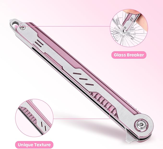 Pink Pocket Knife for Women - Slim EDC Knife with 7CR13Mov Steel Tanto Blade, Clip and Glass Breaker - Womens Knife for Self Defense - Cute Girl Survival Tool Pocket & Folding Knives
