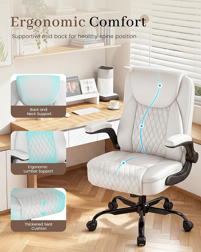 COMHOMA Mid-Back Office Chair, Ergonomic PU Desk Chair with Flip up Arms, Small Computer Gaming with Comfy Lumbar Support,Rocking Function,Sturdy Metal Base, White