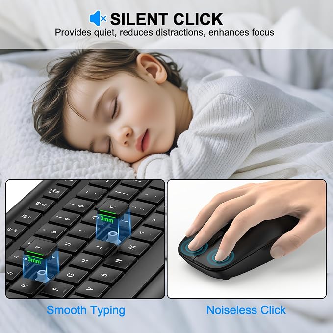 Wireless Keyboard and Mouse Combo, Full-Size Silent Ergonomic Keyboard and Optical Mouse, Long Battery Life, 2.4GHz Lag-Free Cordless Mice Keyboard for Computer, Mac, Laptop, PC, Windows