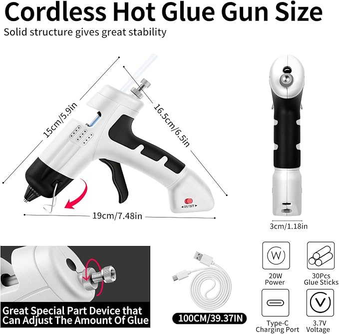 Cordless Hot Glue Gun Kit with 30 Sticks, Fast Heating 2.6Ah Rechargeable | 20W Anti-Drip Glue Gun and Sticks Set (0.27"×6") USB-C Rechargeable Mini Glue Gun Ideal for School Crafts DIY Making Repairs
