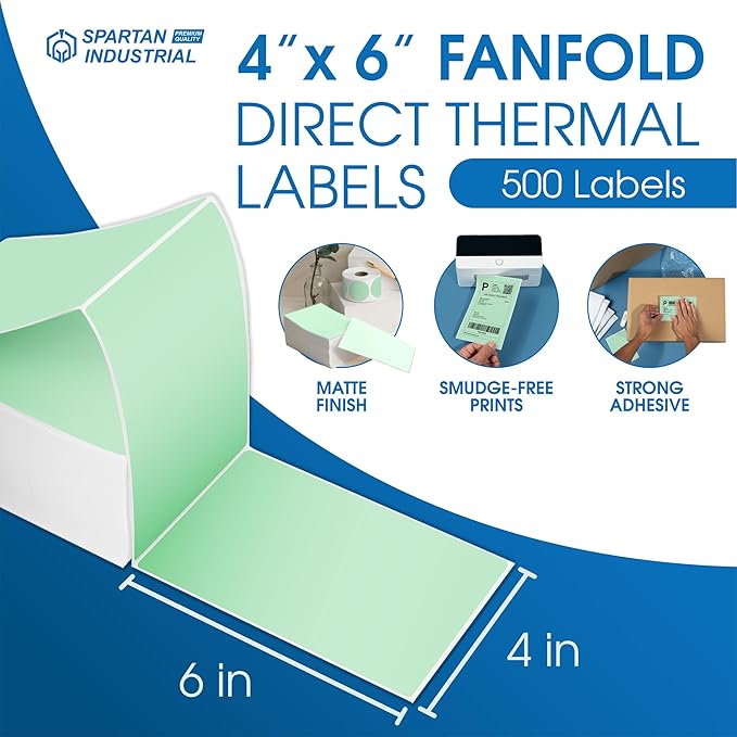 Spartan Industrial - 4" X 6" Green Direct Thermal Fanfold Labels (500 Count, 1 Stack) - Printable Postage Shipping Labels, Package Identification - Compatible with Zebra and Rollo Printers