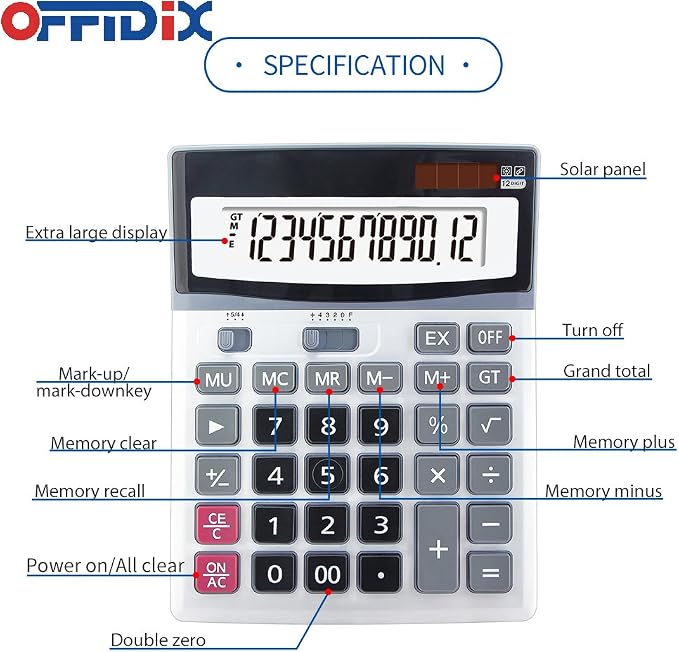 OFFIDIX 12 Digit Large Key Dual Power Electronic LCD Display Calculator | Office Big Calculator Portable Desk Calculator for Daily and Basic Office Ultra-Clear 12-Digit Display with Dual Power Backup