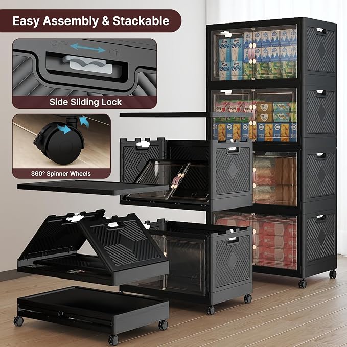 Stackable Storage Bins with Lids, 480QT Lockable Storage Cabinet | Folding Storage Box with Doors and Wheels, Collapsible Plastic Drawers for Home, Garage, Office
