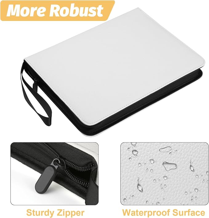 GERMUN 3 Ring 9 Pocket Zipper Card Binder, 720 Double Sided Standard PU Trading Card Album Folder for TCG & Sports Cards, Not Fit Top Loaders (white)