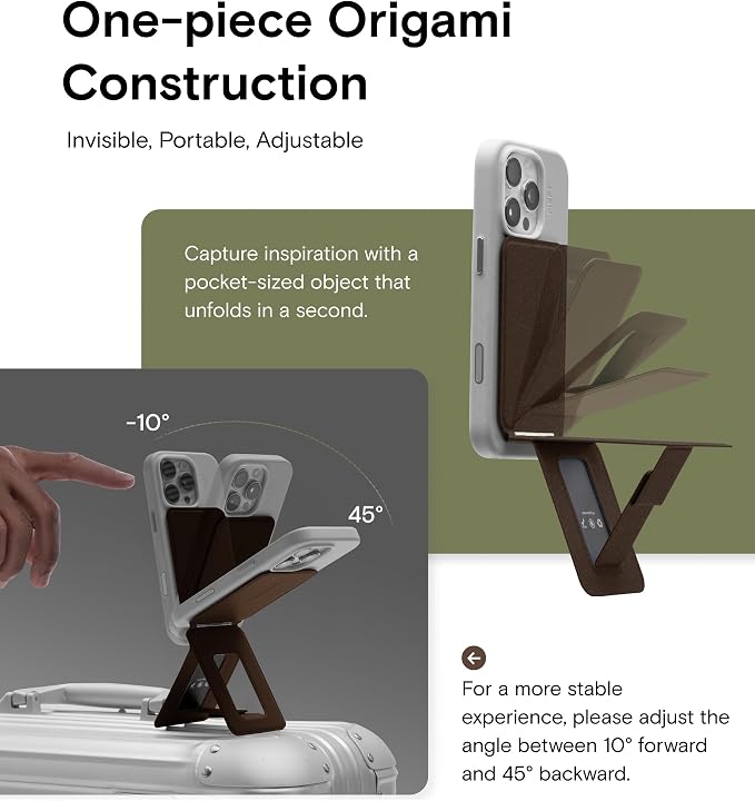 MOFT Phone Stand, Magnetic Phone Tripod Stand MOVAS-E-Coffee Leather & Angle Adjustment & Strong Magnets Tripod for iPhone 17/16/15/14/13/12 (Included Metal Ring)-Coffee