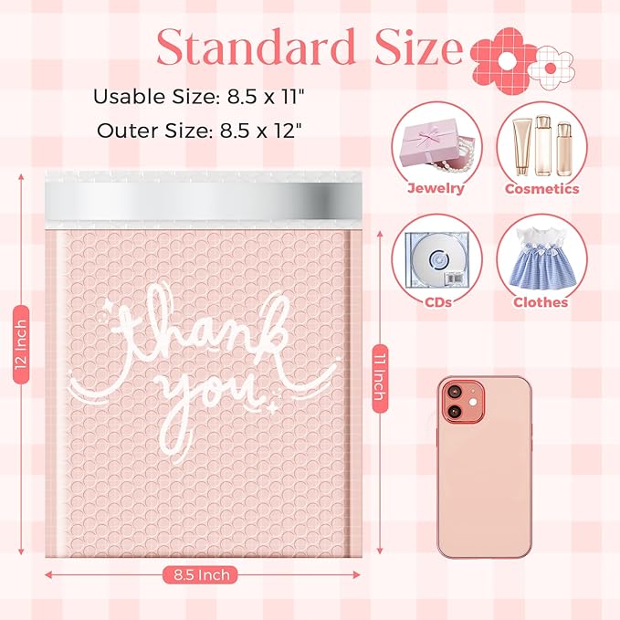 METRONIC Bubble Mailers 8.5x12" 40 Pack Thank You Pink Padded Mailer Usable Size 8.5 x 11" Strong Adhesion Bubble Envelopes Medium Mailing Envelopes Padded for Small Business Shipping Books Clothes