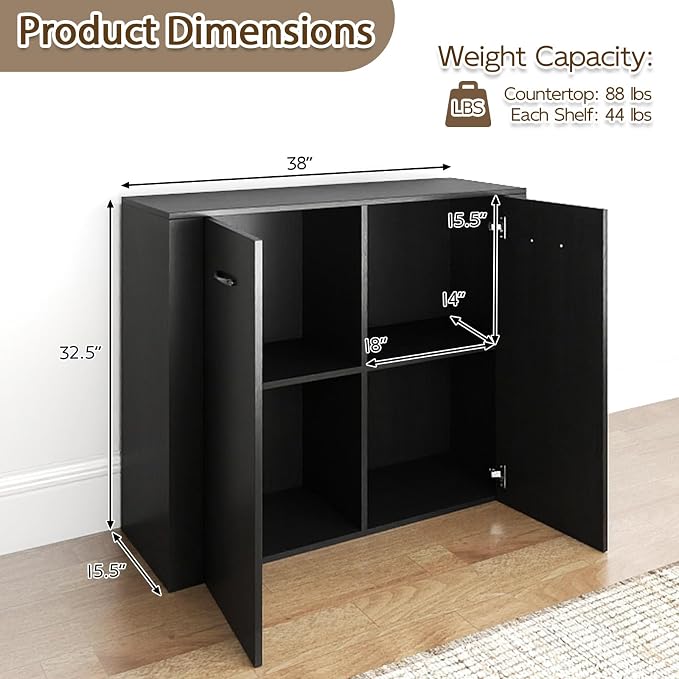 GIANTEX 38" Sideboard Cabinet with 2 Doors & 4 Shelves (Black) | Bathroom Storage Organizer with Anti-Tipping Device, Metal Hinges, Credenza for Living Room, Kitchen, Entryway