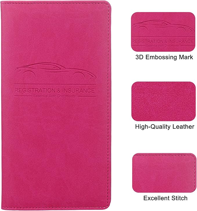 Premium Car Registration & Insurance Card Holder with Magnetic Shut, Vehicle Glove Box Car Organizer - For Documents, Cards, License (Rose red)