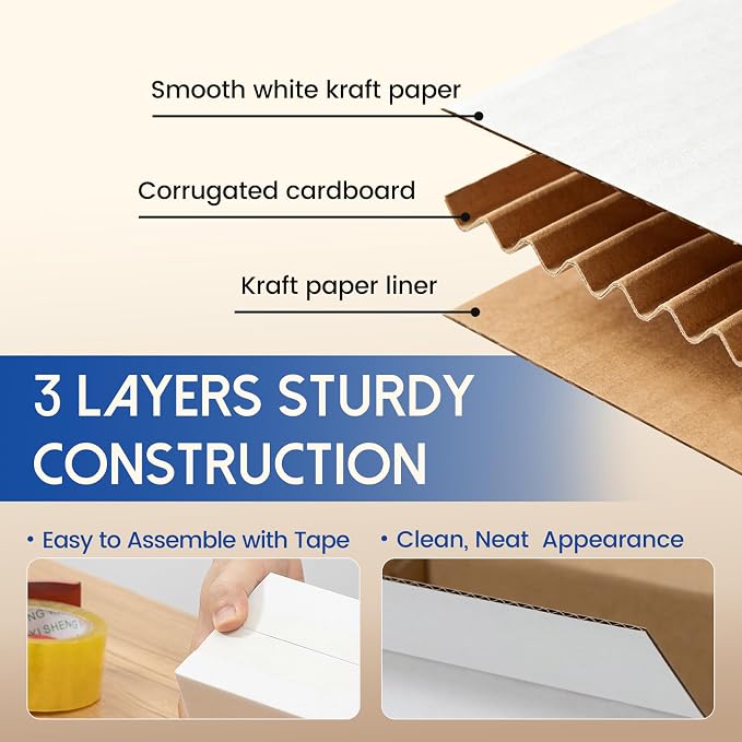 Mefleet 12x12x5" Shipping Boxes 25 Pack Corrugated Cardboard Box White | 3 Layers, Bulk quantity, Packaging for Small Business, Square Mailer Mailing Packing Supplies, Smooth