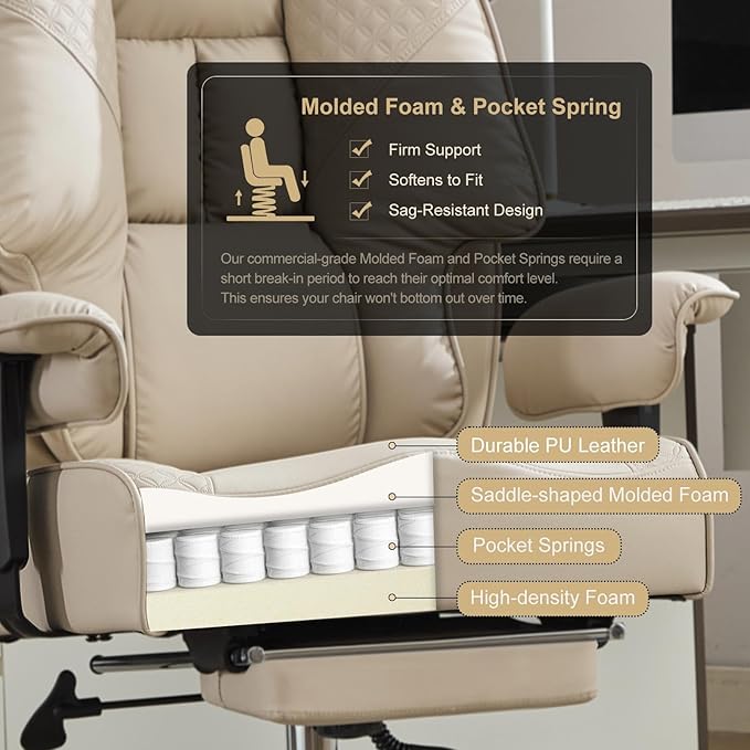 Big and Tall Office Chair 400lbs Wide Seat, Leather High Back Executive Office Chair with Foot Rest, Ergonomic Chairs Lumbar Support for Lower Back Pain Relief (Beige)