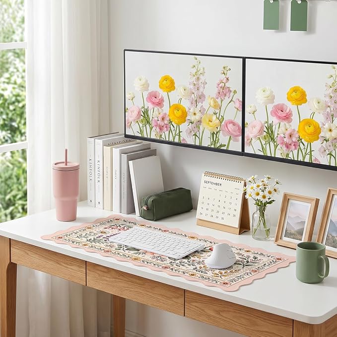 Vintage Floral Scalloped Desk Mat Peach Blossom Botanical Wildflower Extended Gaming Mouse Pad Mat with Stitched Edge Non-Slip Base Big Mouse Pad Office Computer Keyboard Laptop Home 31.5"x15.7"