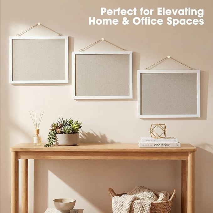 Linen Bulletin Board 14.5"x11", White Wood Frame, Nail-Free Wall Mount, Vision Board, Memo Board for Home Kitchen Office School, Room Decor, Wall Decor, 10 Pushpins