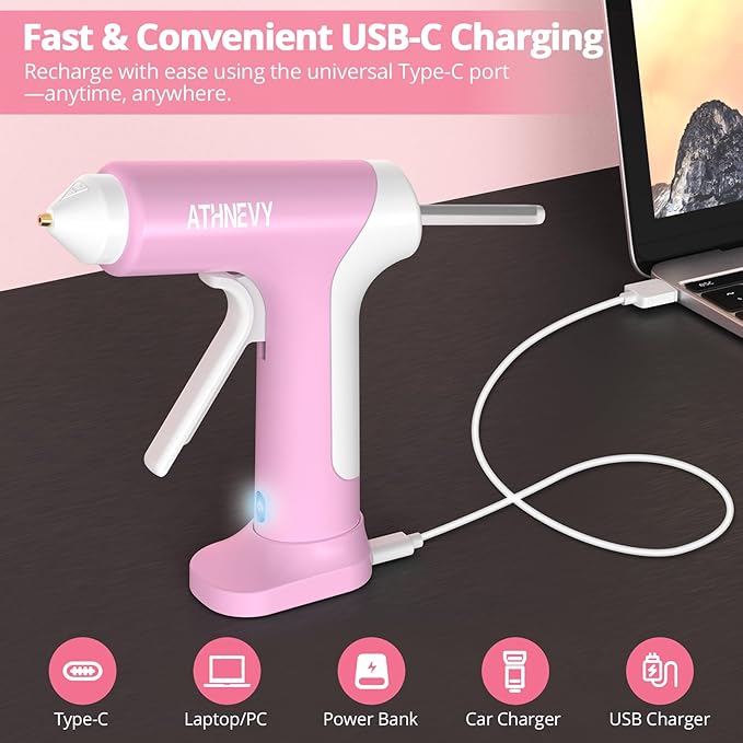 Cordless Hot Glue Gun, 10s Fast Preheat, 30PCS Mini Glue Sticks 7x100mm, 4V 20W Type-C Rechargeable, Anti-Drip, Auto-Off, for DIY Crafts, Repair, Decoration (Pink)