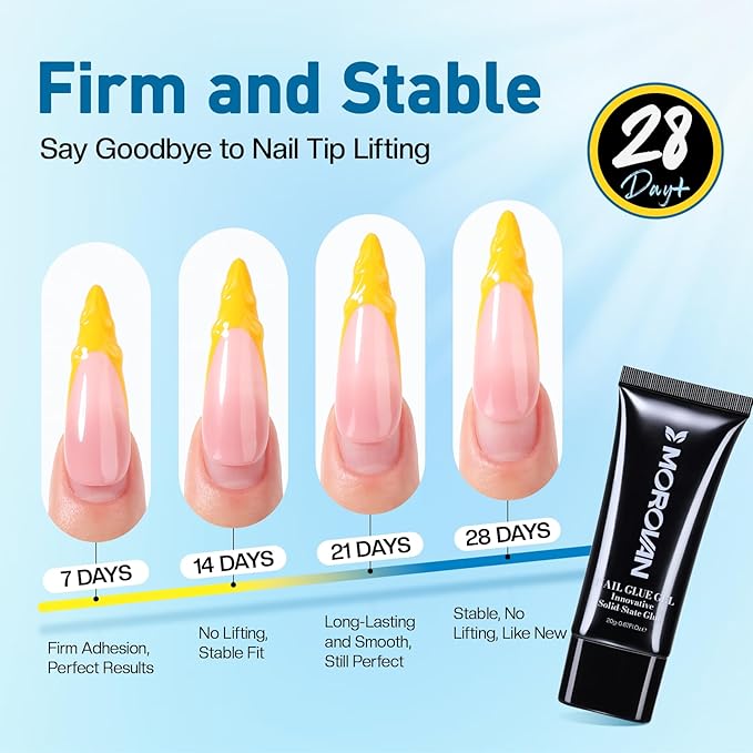 Morovan Solid Nail Glue Gel: Strong Solid Nail Glue Gel for Acrylic Fake Nails Tips Extension Press On Nails Long-Lasting Strong Adhesion Lamp Curing Needed