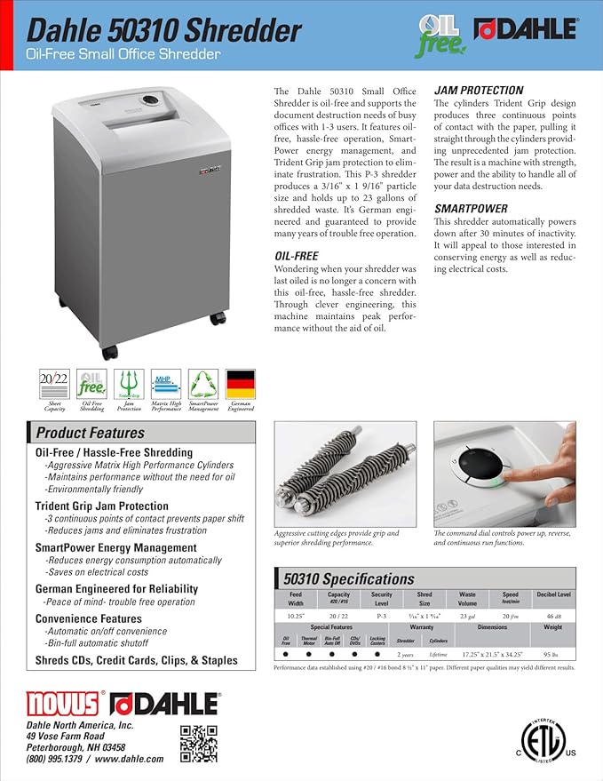 Dahle 50310 Paper Shredder, Cross Cut, P-3 Security, German Engineered, Jam Protection, Oil Free, SmartPower, Shreds CDs, 20 Sheet Max, 23 Gal Bin