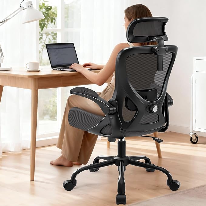 Office Chair - Ergonomic Desk Chair Breathable Mesh Chair with 2D Headrest & Adjustable Lumbar Support - Executive High Back Rolling Swivel Computer Gaming Chair with Wheels Flip-up Armrests