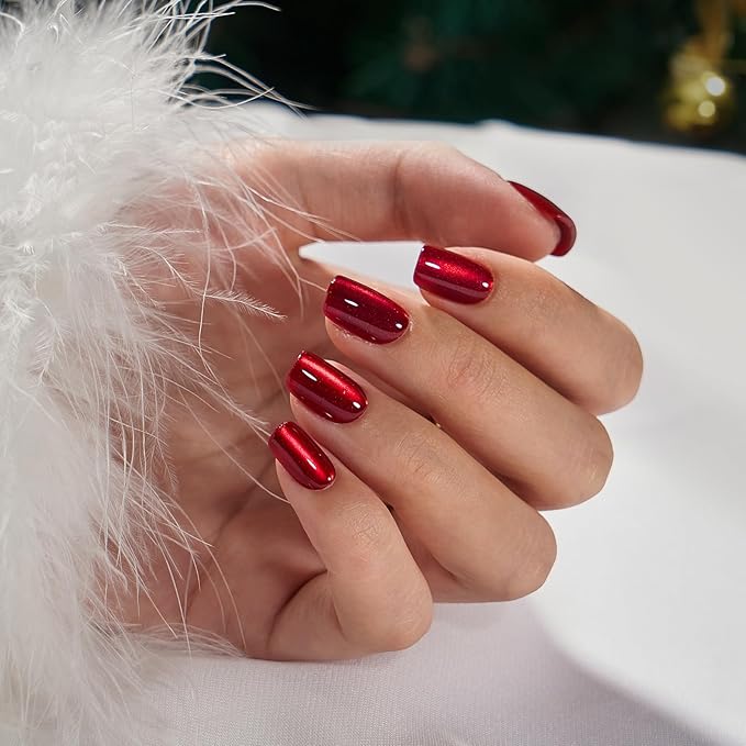 BTArtbox Press On Nails Red - Cat Eye Press On Nails Square for Gifts,Cherry Short Stick On Nails with Glue, Glossy Reusable Nail Tips in 16 Sizes - 32 Soft Gel Fake Nails Kit, Hot Love