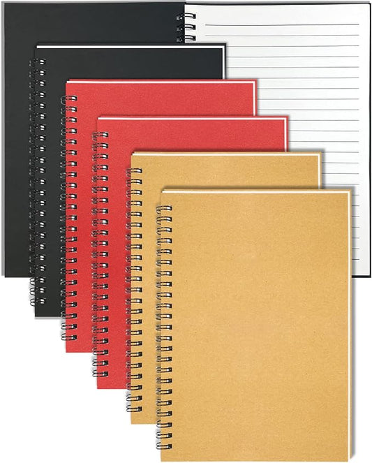 6Pack Spiral Notebook, 5.7x8.3” Small Notebooks for Work 120 Page Note Pads | Multipack Blank Kraft A5 College Ruled Notebook Journal Spiral Bound for Writing Lined Notepad for Office School Journaling