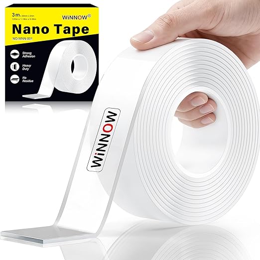 WINNOW Double Sided Heavy Duty Extra Strong Adhesive Tape - 1.2" x 120" (Pack of 1) Indoor/Outdoor Household Nano Tape for Hanging Decorations, Lights, Garlands - Reusable and Damage-Free
