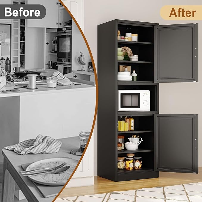 Tall Metal Narrow Bathroom Storage Cabinet 67" H, Tall Black Pantry Cabinets with 4 Adjustable Shelves and 2 Doors for Kitchen, Home Office, Living Room, Dining Room(20 inches Wide)