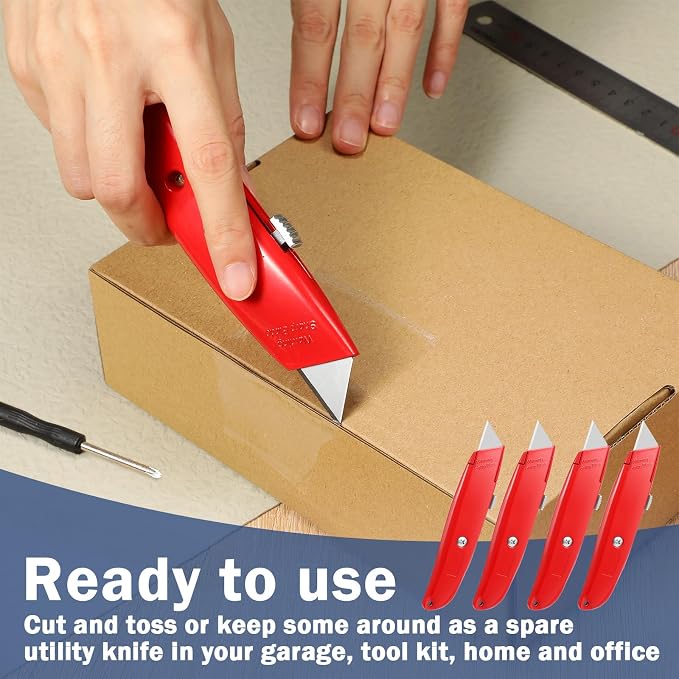 Lasnten 12 Pcs Box Cutter Bulk Retractable Utility Knife Heavy Duty Aluminum Alloy Carpet Knife Package Opener Cutter Blade for Cardboard Plastics Cartons DIY Home Warehouse Office(Red)