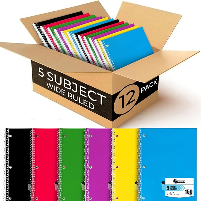 Spiral Notebook 12 Pack, 5 Subject, Wide Ruled, 150 Sheets | Spiral Journal, 300 Pages, 8 x 10-1/2", School & Office Bulk Spiral Notebooks, 5 Subject Notebooks for Office & School
