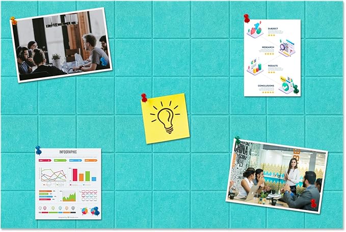 Large Square Felt Cork Board Tiles, Self Adhesive DIY Felt Bulletin Board Pin Board with 35 Pushpins for Office School Home Wall Decor Stickers Memos Photos Display (Teal)